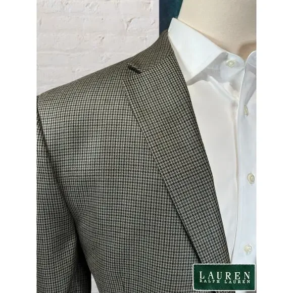 Ralph Lauren LRL Mens 48L Tan Brown Houndstooth Silk Wool Blazer Sport Jacket - Picture 5 of 14